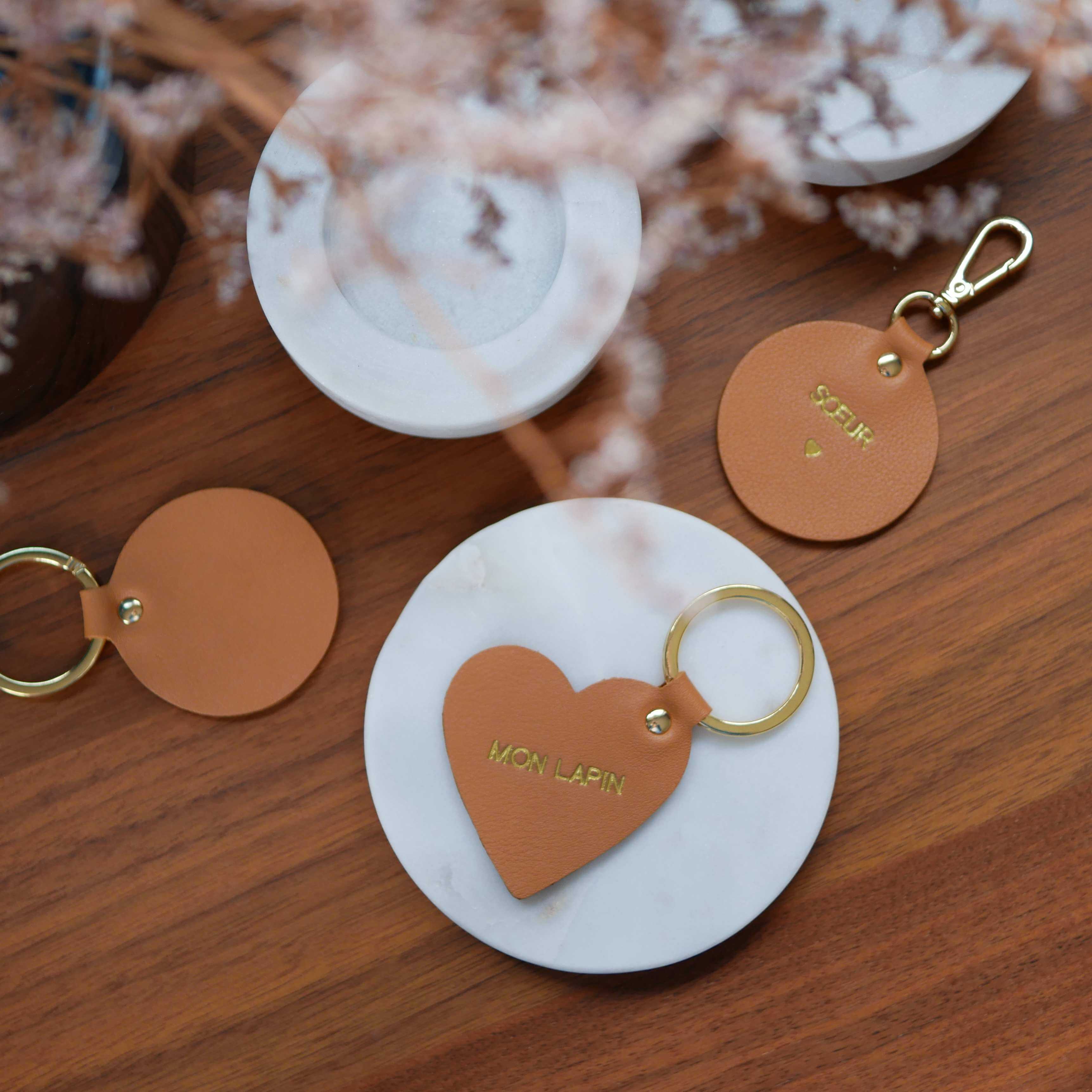 Porte-clés couple personnalisé coeur en cuir